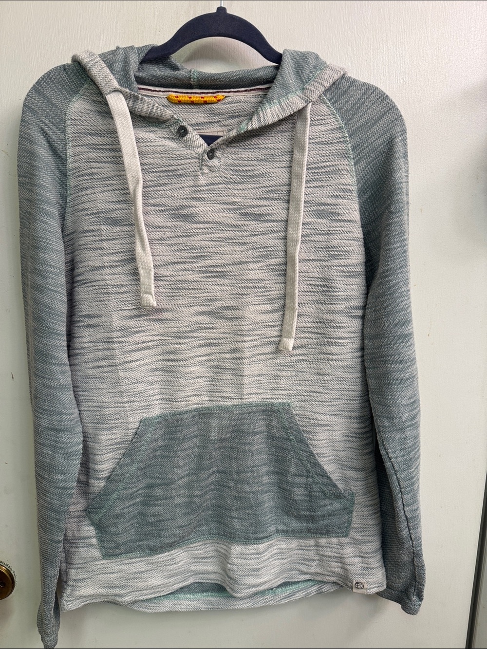 Free Planet Heathered Gray and Teal Crewneck Hoodie, slight discoloration spot